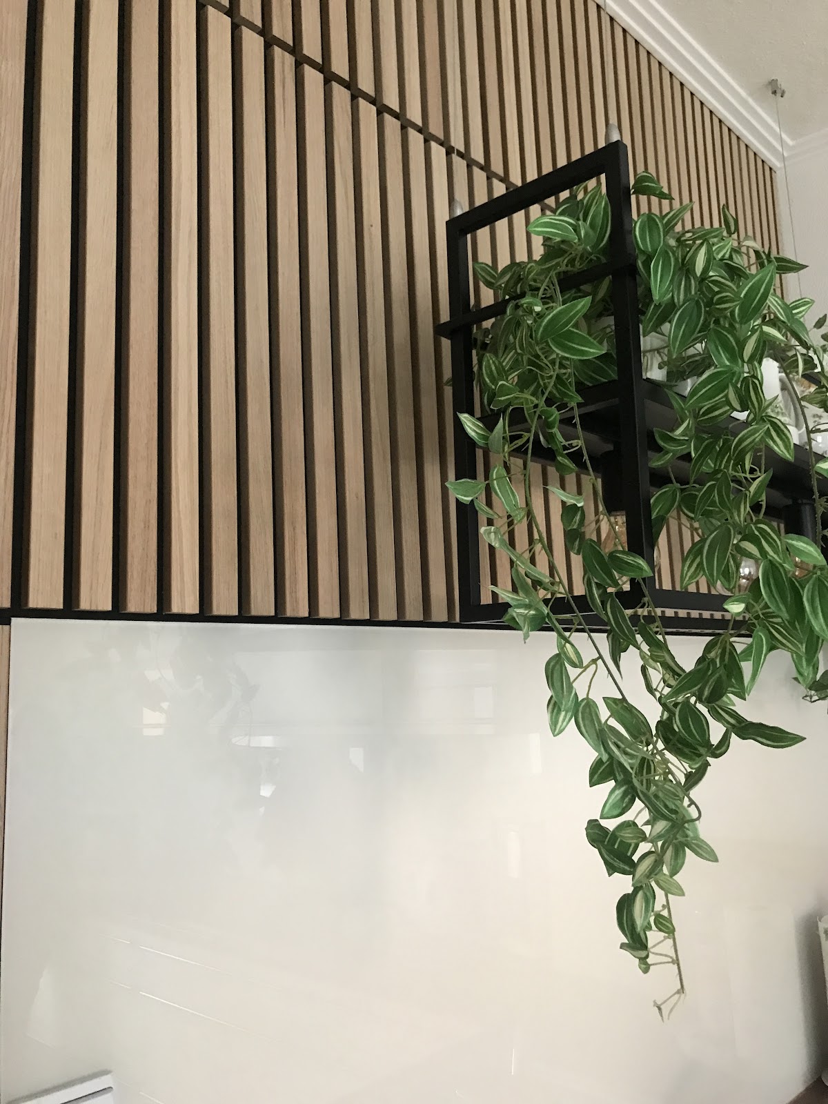 Moderne Wandgestaltung mit vertikalen Holzlamellen und einem hängenden schwarzen Regal mit einer Pflanze.